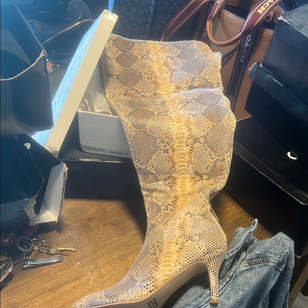Cream and Brown Heeled Boots with Luxurious Texture